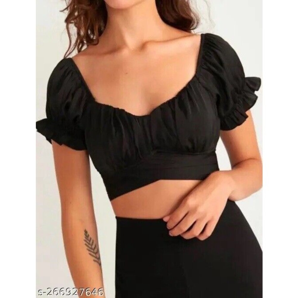 O. Vianca Top Womens Medium Black Satin Cropped Wrap Bow Tie Puff Sleeve